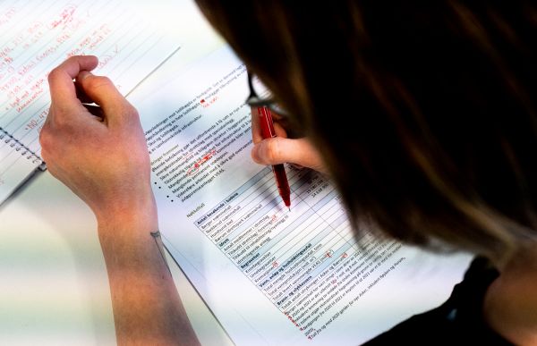 En person med brunt hår sitter med bakhodet til kamera. Hun ser ned på et ark med tekst, og hun skriver på arket med rød penn.