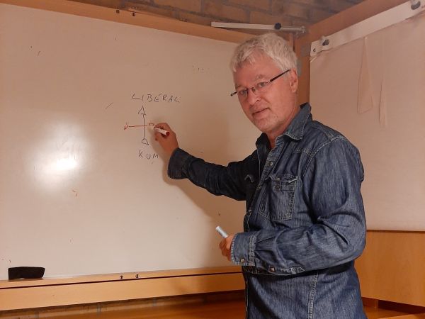 Statsviter Svein Erik Tuastad underviser på en tavle.