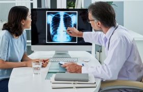 Lungespesialist forklarer røntgenbilde av lunger til pasient